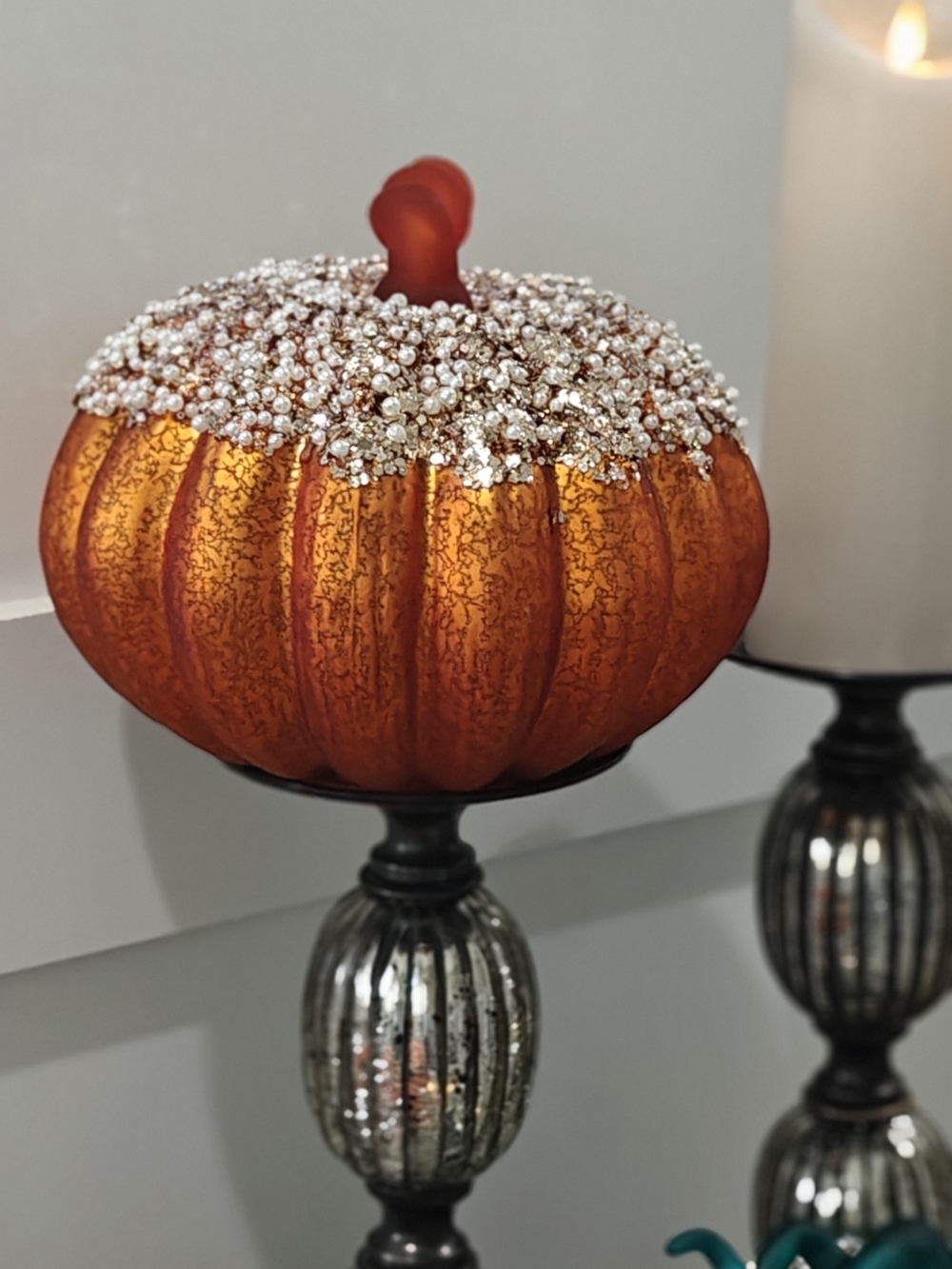 Orange Beaded Mercury Glass Decorative Pumpkin by Valerie Parr Hill